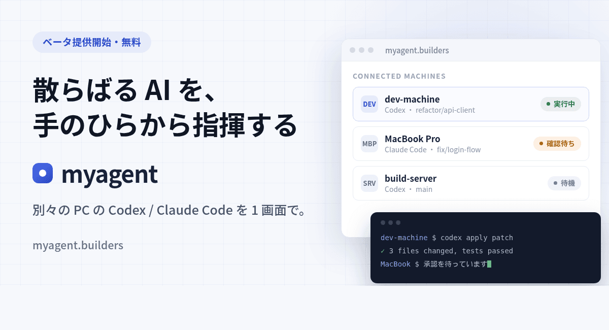 「散らばる AI を、手のひらから指揮する」myagent、ベータ提供を開始 — 別々の PC の Codex / Claude Code を 1 画面で、無料